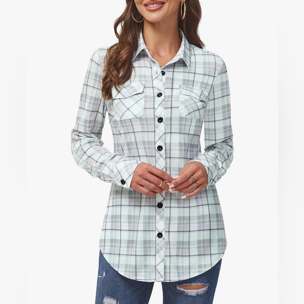 🍓$5 Pick!🍓 DJT Womens Soft Stretchy Knit Plaid Button Down Shirt